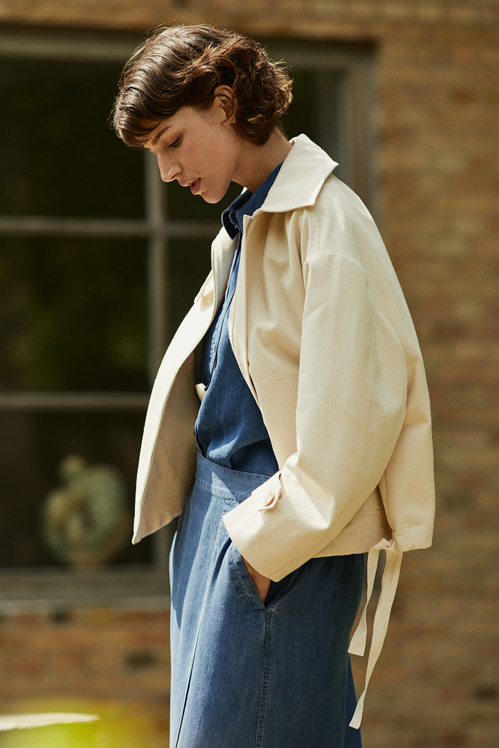 Trixion Denim Jacket - Oyster White, Ishana Shirt - Washed denim, Selithia Denim Skirt - Washed denim, Raiomi Necklace - Tobacco Brown