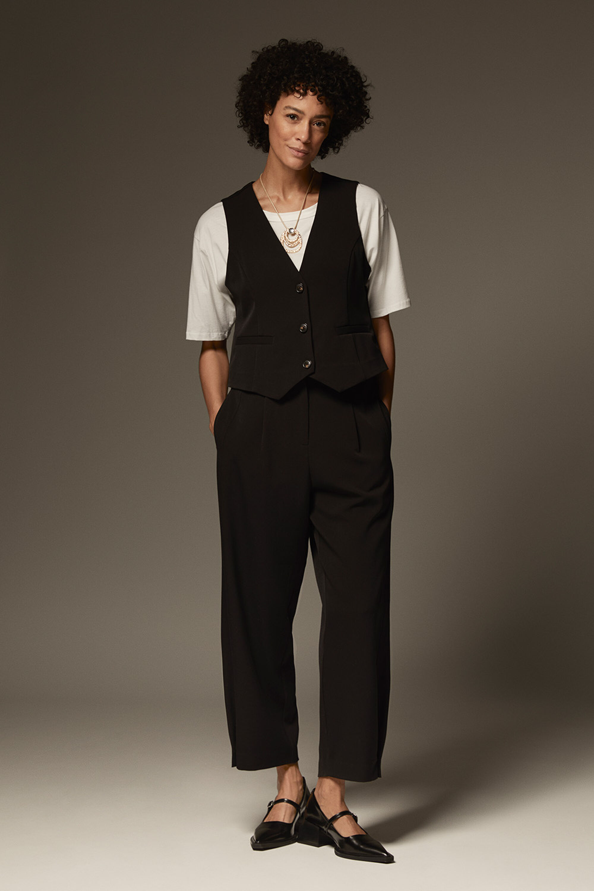 Jordyn Waistcoat - Black, Doreann JERSEY Top - White, Punna Trousers - Black